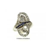 Art Deco style sapphire and diamond ring, round cut sapphires and diamonds millegrain set in white