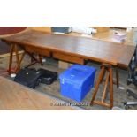 *A modern oak refectory table, the plank top with cleated ends, fitted with two frieze drawers,