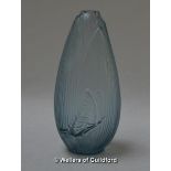 A Lalique Coeur de Fleur smoky blue frosted vase moulded with leaves and a butterfly, etched Lalique