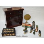 Collectibles comprising miniature brass tilt top table, porcupine quill box with sliding lid,