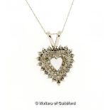 Diamond set heart pendant, round brilliant cut diamonds mounted in white metal stamped 14ct, on a