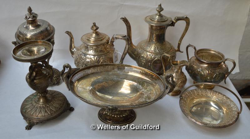 Silver plated wares: a Goldsmiths & Silversmiths Co. four piece tea service and similar circular