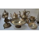 Silver plated wares: a Goldsmiths & Silversmiths Co. four piece tea service and similar circular