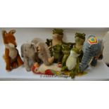Modern Merrythought stuffed animals: frog family of five, Indian elephant, red fox, rhinoceros,