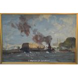 Leslie Arthur Wilcox (b.1904), Thames with steam barge, oil on board, signed lower right, 39 x