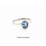 Aquamarine ring, oval cut aquamarine mounted in white metal tested as 18ct, ring size N