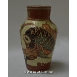 A William Baron of Barnstaple baluster vase decorated with fish amidst weeds, incised 1896, 15cm.