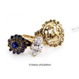 9ct yellow gold ring set with marquise shaped white stone, ring size M½, together with a 9ct