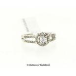 Diamond cluster dress ring, round brilliant cut diamond illusion set, with a halo of diamonds and