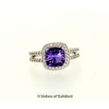 *Amethyst and diamond cluster ring, cushion cut amethyst with a surround of round brilliant cut