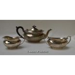 A silver three piece tea service comprising teapot, sugar bowl and milk jug, Chester 1924, approx