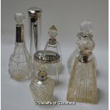 A group of seven glass scent bottles or jars including a tapering square example with cut corners (