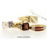 Four 9ct yellow gold gem set rings, including a signet ring set with two small diamonds, a