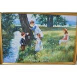 *Stevenson, Children playing by the stream, modern Victorian style oil on canvas, 59.5 x 89.5 (