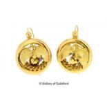 Pair of circular drop earrings with central foliate design, in yellow metal tested as 14ct, diameter