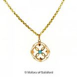 Art Nouveau pendant with a turquoise stone set to centre, in yellow metal stamped 9ct, with a non-