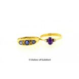 Sapphire and diamond ring, round cut sapphires each separated by two small diamonds, a/f, one