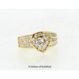 Heart shaped diamond cluster ring, heart shaped diamond surrounded by round brilliant cut