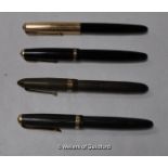 Fountain pens: Parker 51; Parker Duofold; Mabie Todd; Faber Castell calligraphy pen (4).