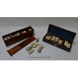 *A set of dominoes in Victorian rosewood box with mother-of-pearl inlay; a further larger set of