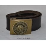 Third Reich leather belt with metal belt buckle embossed 'Gott Mituns'.