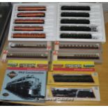 Model railways HO scale: Athearn Southern Pacific locomotive and six coaches; Liliput, two sets of