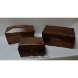 *Two Victorian rosewood sarcophagus shaped tea caddies and a rosewood crossbanded mahogany work