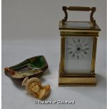 A modern French carriage clock with white enamel dial and Roman numerals; a Meerschaum pipe carved