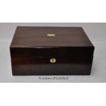 *A Victorian rosewood work box, the lid with mother-of-pearl cartouche and lock plate, opening to