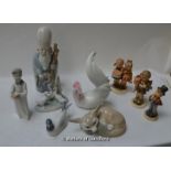 A Royal Copenhagen seagull no. 1486; a Lladro bat-eared fox; Lladro cockerel; three Hummel