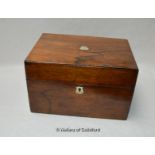 *A Victorian walnut work box with mother-of-pearl cartouches, lift out tray and various scent