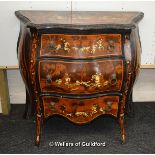 A small Italian inlaid commode, circa 1900, with marquetry and bone inlay depicting hunting