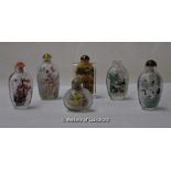 A group of six Chinese interior painted snuff bottles depicting various scenes including pandas,