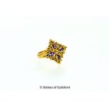 Amethyst and diamond cluster ring, four oval cut amethysts rubover set in a cross design, with a