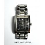 *Gentlemen's Emporio Armani stainless steel wristwatch, rectangular black dial with Roman numerals