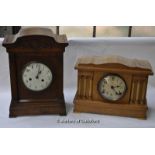 An oak mantel clock, dated 1912 inside the case, two train movement striking on a vertical gong,