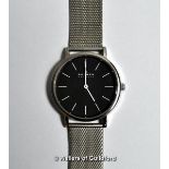 *Gentlemen's Skagen stainless steel wristwatch, with circular black dial and baton hour markers (Lot