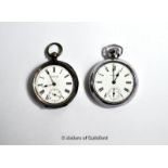 Silver pocket watch, together with a stainless steel pocket watch, a/f, glass missing from both