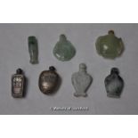 Four jade or soapstone Chinese snuff bottles, similar cheroot holder and two Chinese white metal