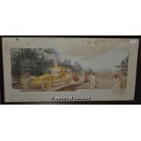 After Ernest Montaut, zeppelin and vintage car lithograph, En Visite, 40 x 76cm.