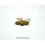Antique bar brooch set with a small old cut diamond to the centre, with safety chain, 4.7 grams,