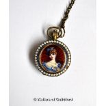 Enamel pocket watch, portrait of a lady on one side and a gentlemen carrying flowers on the other