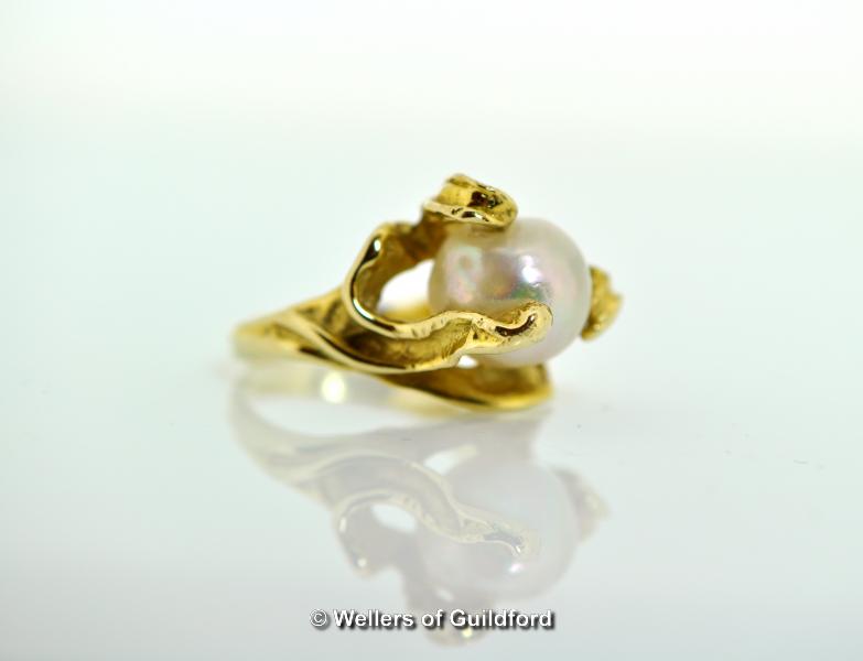 Pearl ring, approximately 10.5mm pearl, believed to be natural, in a bespoke yellow metal mount