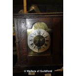 Oak cased grandmother clock, brass dial with enamelled chapter ring bearing roman numerals, 142cm