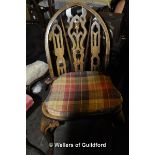 Three well made Gothic style oak side chairs, pierced arched back splat,crinoline stretcher, 93cm