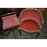 Gilt boudoir chair with brass swivel stool both upholstered in dusky rose velour