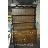 Dark stained oak dresser, two open shelves above two short drawers over cupboard, 107x43x177cm