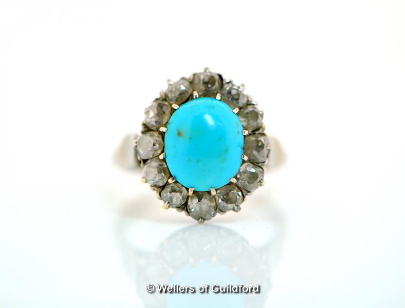 Turquoise and diamond cluster ring, oval cut turquoise with a surround of old cut diamonds, mounted