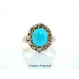Turquoise and diamond cluster ring, oval cut turquoise with a surround of old cut diamonds, mounted