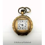 Ladies' 14ct gold cased pocket watch, white enamel square shaped dial with Roman numerals and floral